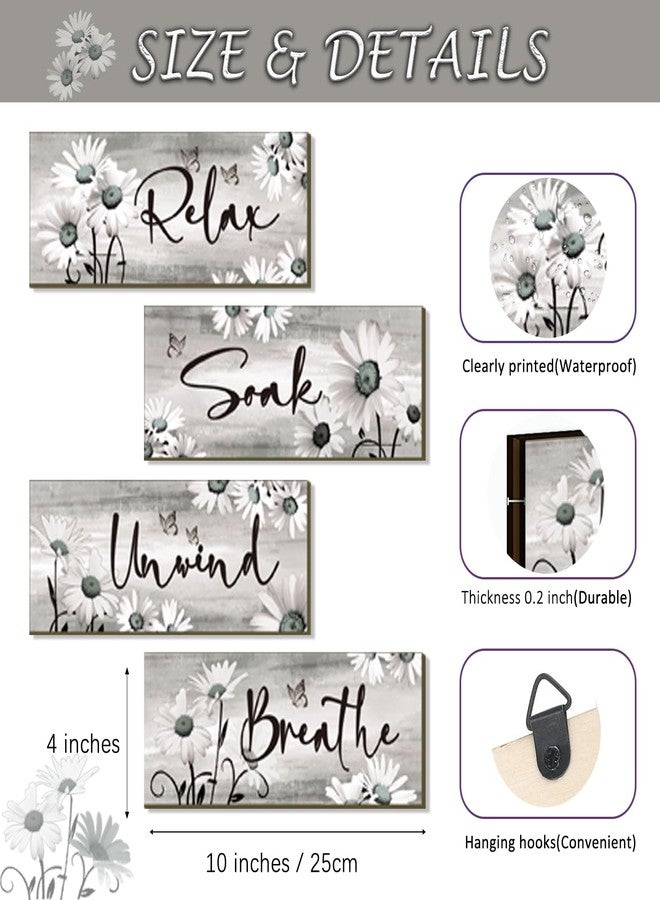 ZINYAZHE 4 Pieces Black Bathroom Decor Set Farmhouse Daisy Floral Abstract Black White Bathroom Accessories Flowers Art Rustic Wood Sign for Home Bedroom Living Room Kitchen Decoration, 10 x 4 Inch - Image 5